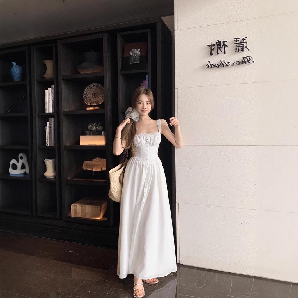 French White Lace Suspender Dress Women's Summer Gentle A-shaped Skirt Vacation Style Waist Halter Dress