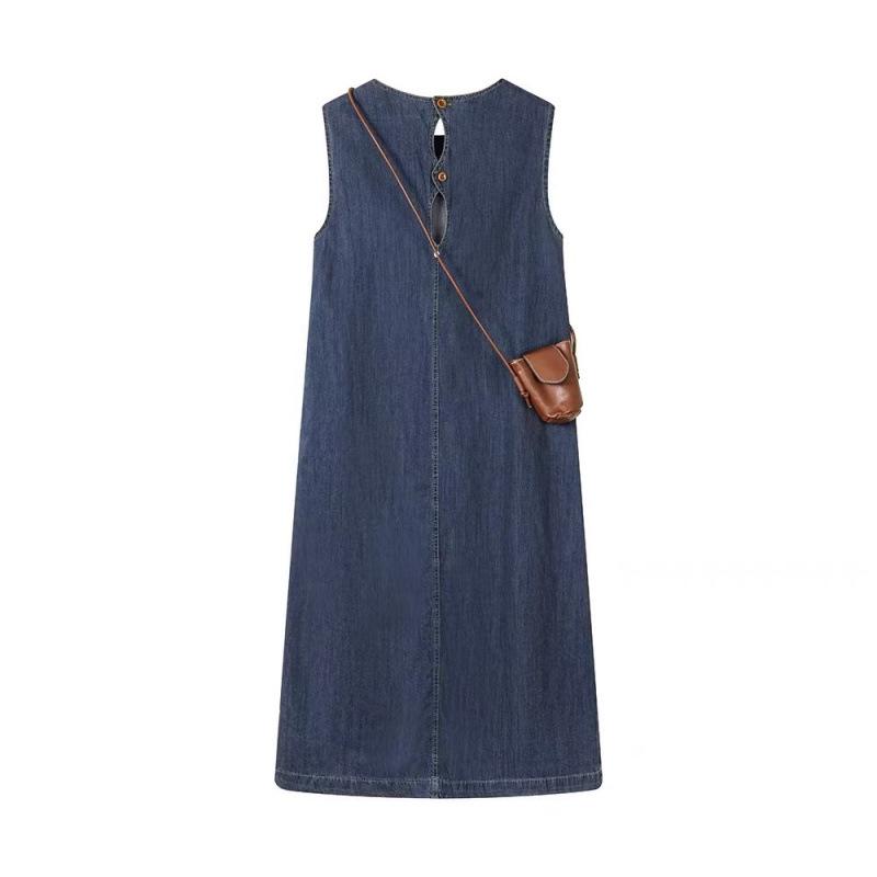Retro Korean Style Sleeveless Denim Maxi Dress with Round Neck – Slimming and Loose Fit for Women