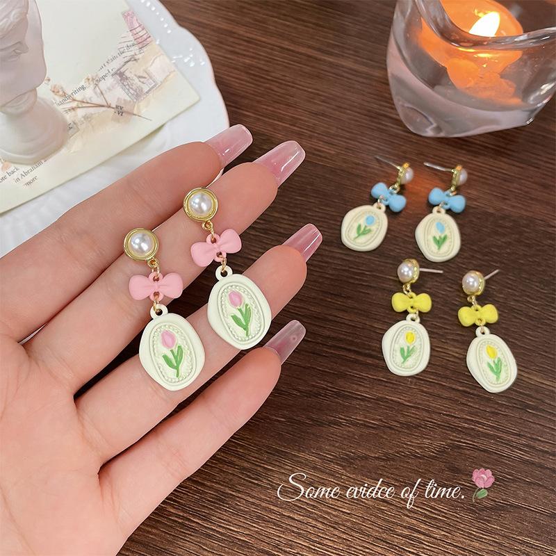 

Серебряная игла темперамент Жемчужный тюльпан женские серьги Нежный девичий бант серьги пусеты личность серьги