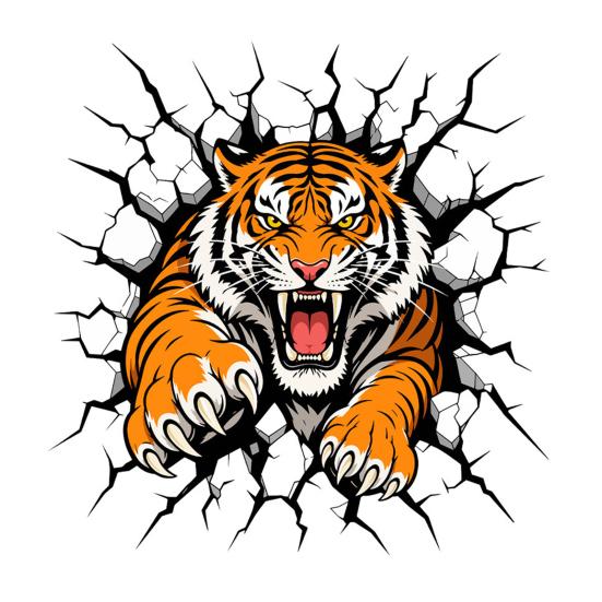 Removable Vinyl Wall Stickers 3D Tiger Stickers, Peel And Stick Roaring Decals, PVC Modern Decoration Ideas Art Mural Decor, Realistic Cracked Sticker