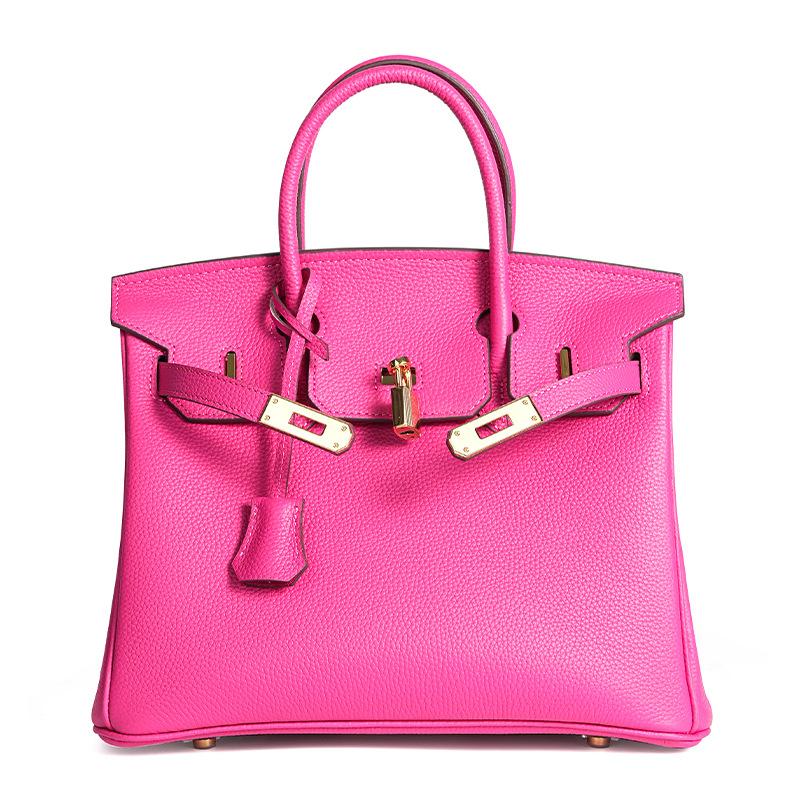 Filo Cerato Togo Pelle Bovina Primo Strato Fatto a Mano Borsa Platino+Pelle con Motivo Litchi Borsa da Donna Fibbia Borsa a Mano di Alta Gamma 35x19x28cm Shoulder strap colore rosso rosa