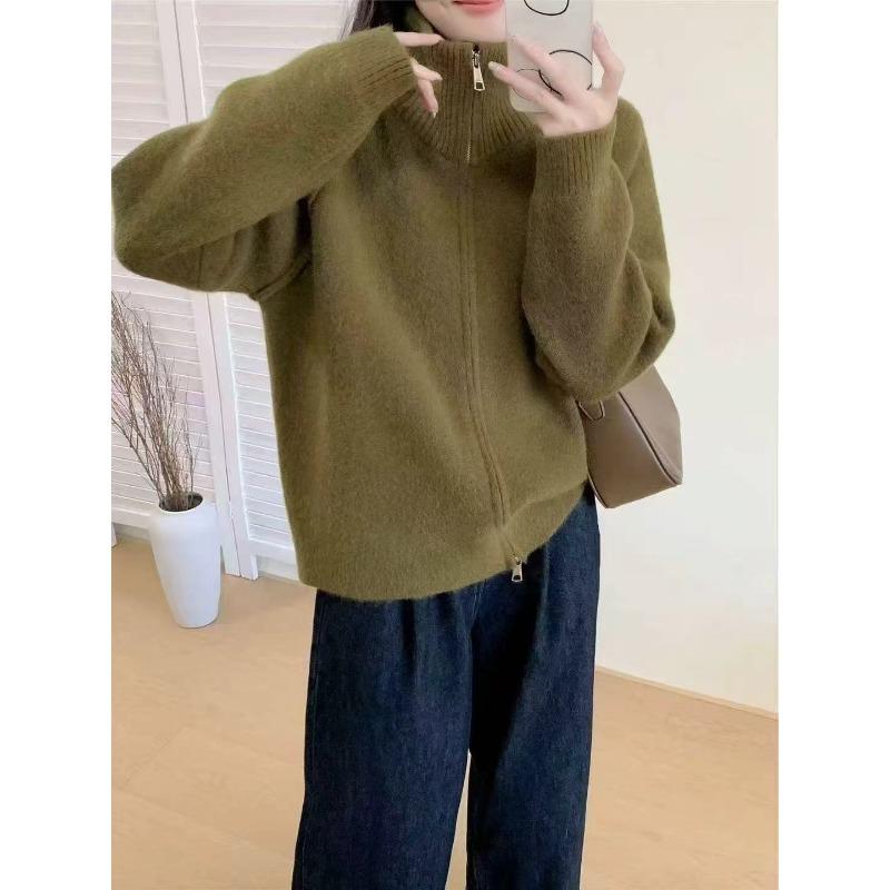 New Simple Temperament Stand-up Collar Double Zipper Knitted Cardigan Women's Shoulder-plugged Reverse Cover Long-sleeved Thick Coat