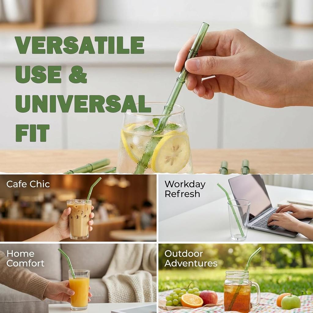 4-Pack Bamboo Reusable Glass Straws Set, Borosilicate Glass Drinking Straws with Brush for Smoothies, Coffee, Cocktails, Hot & Cold Drinks