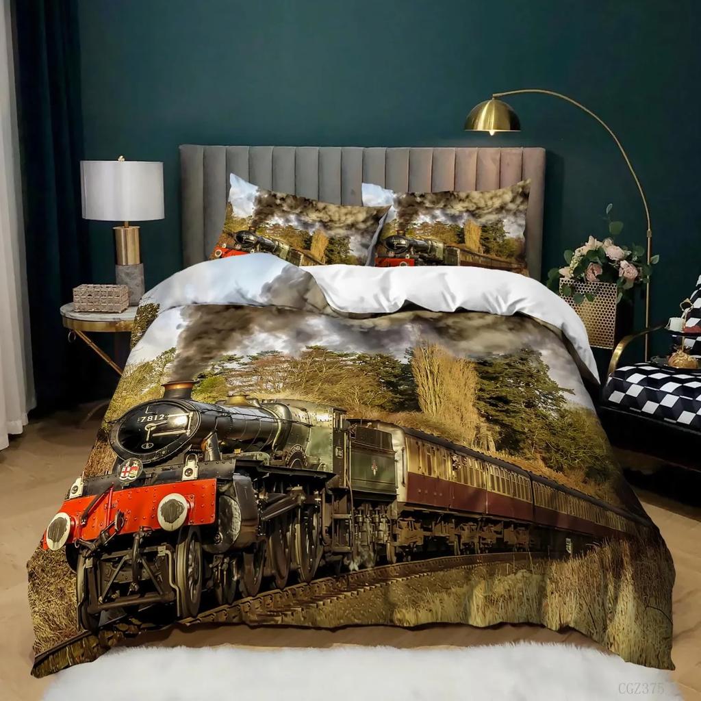 Steam Engine King Queen Duvet Cover Vintage Train Rail Bedding Set For Teens Adults Retro Transportation Polyester Quilt Cover