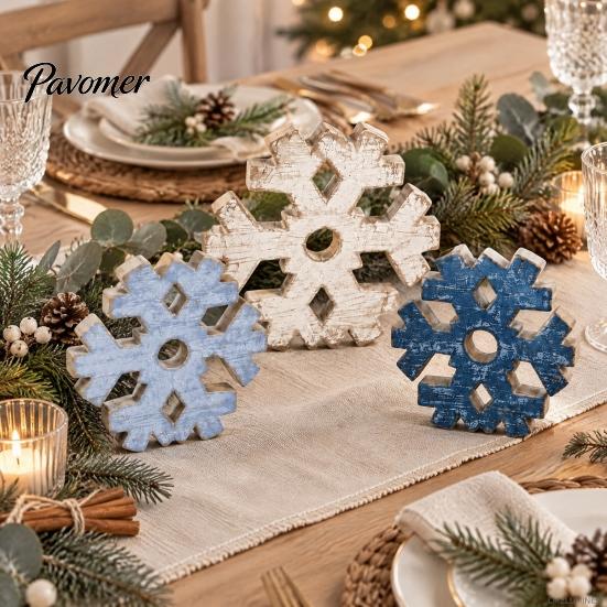 Winter Farmhouse Shelf Ornaments 3 Pcs Snowflake Wooden Signs, Rustic Table Decoration, Hollowed Out Crafts Block Sign for Christmas Tiered