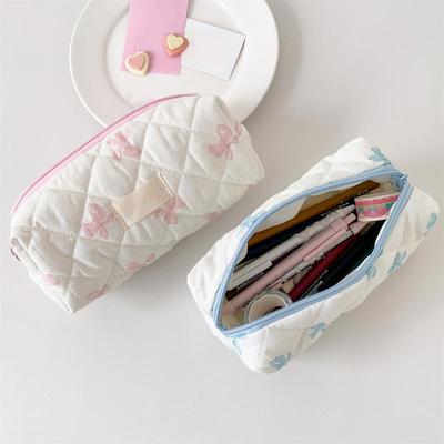 Cute Bow Flower Quilting Cotton Makeup Bag Women Zipper Cosmetic Organizer Large Capacity Stationery Portable Storage Case