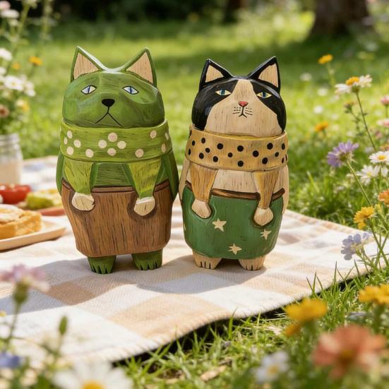 Wooden Hand-Carved Cat Figurine, Artistic Kitten Ornament, Rustic Collectible Kitty Sculpture, Unique Desktop Ornament Birthday Gift for Friends Cat