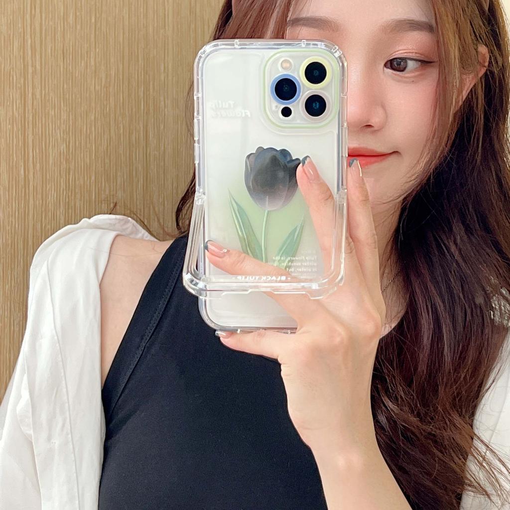 Black Tulips Flower Ins Clear Silicone Soft Phone Case For Iphone 11 12 Pro Max 13 Promax Cartoon Stand Holder Back Cover Capa