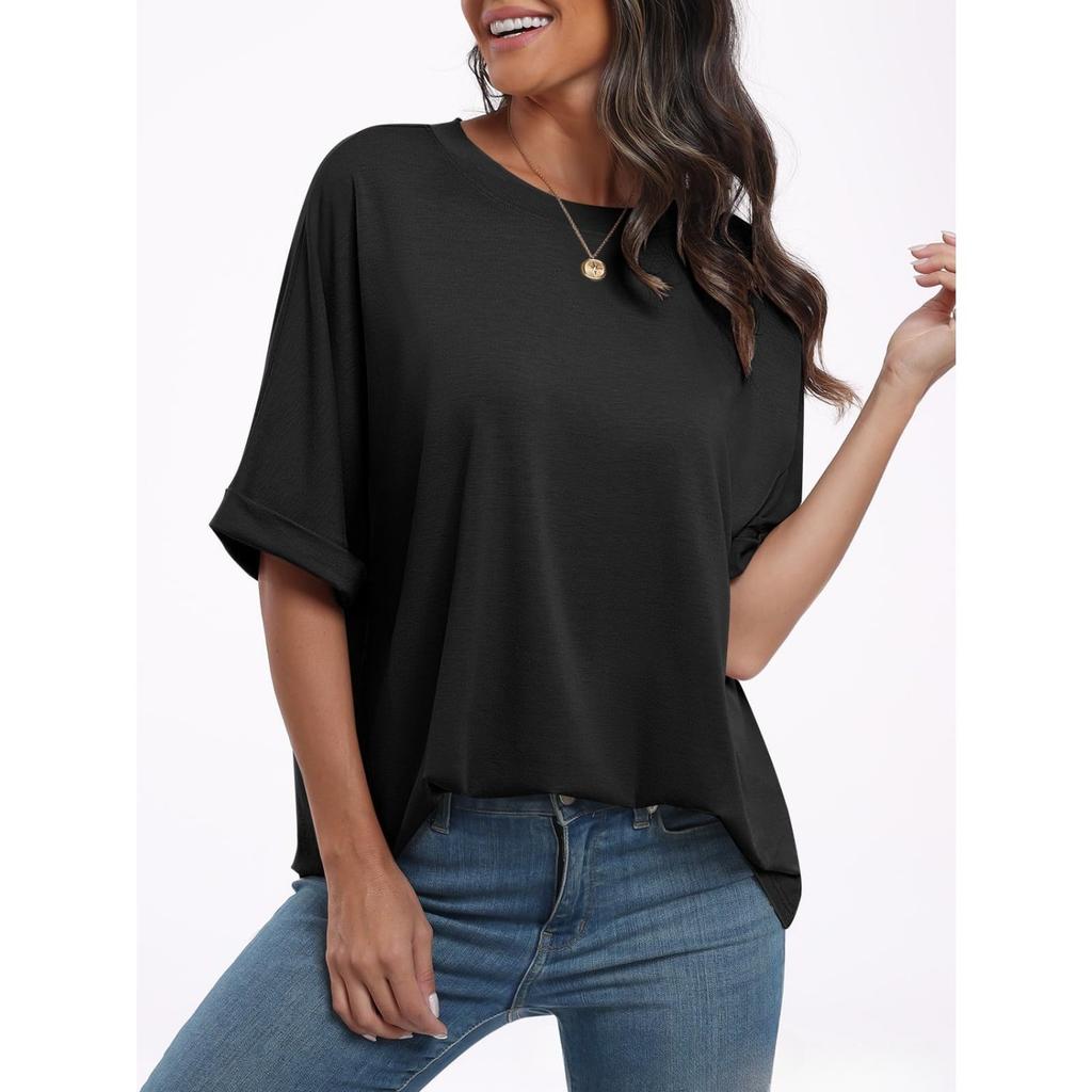 Women's Crew Neck Short Sleeve Loose Fit Tunic Top Solid Color Casual Tee Blouse