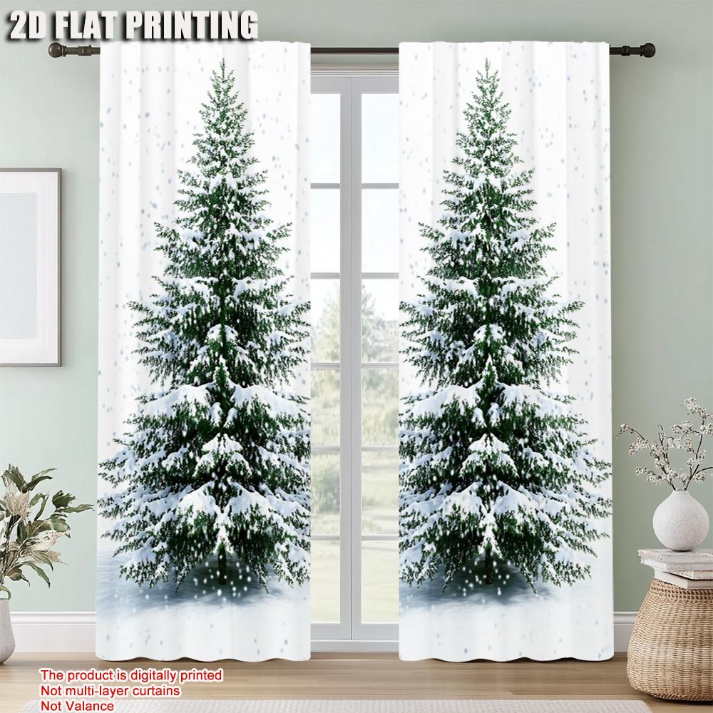 2Pcs Snowy Pine Tree Digital Print Curtains Polyester Drapes For Living Room Dining Room Study Office Rod Pocket Design For Easy