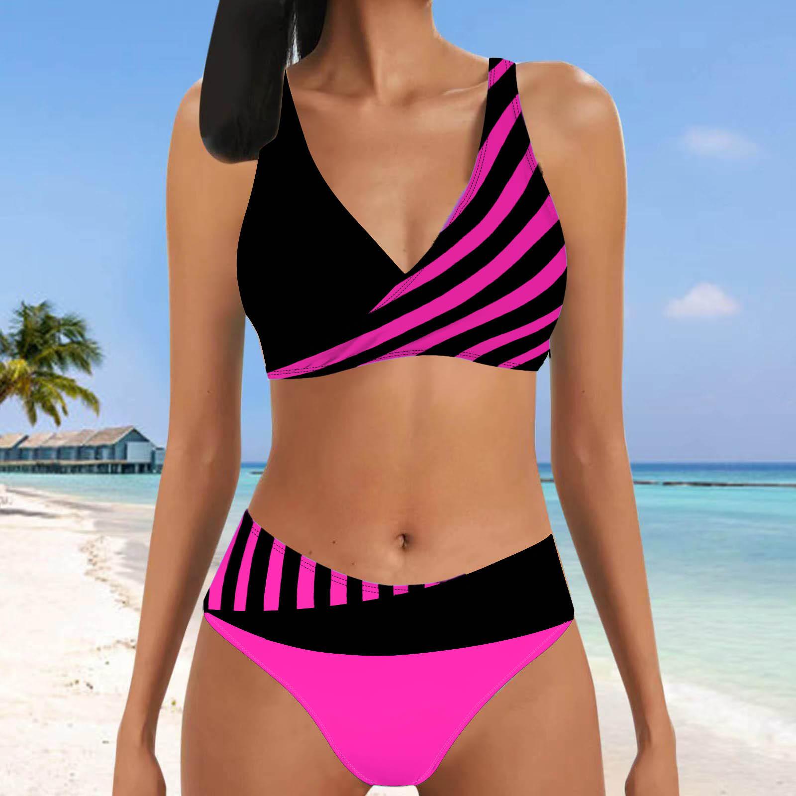 

Жіночий купальник у стилі з висячою шиєю Купальник бікіні танкіні з принтом у фіолетову смужку 5XL Яскраво-рожевий