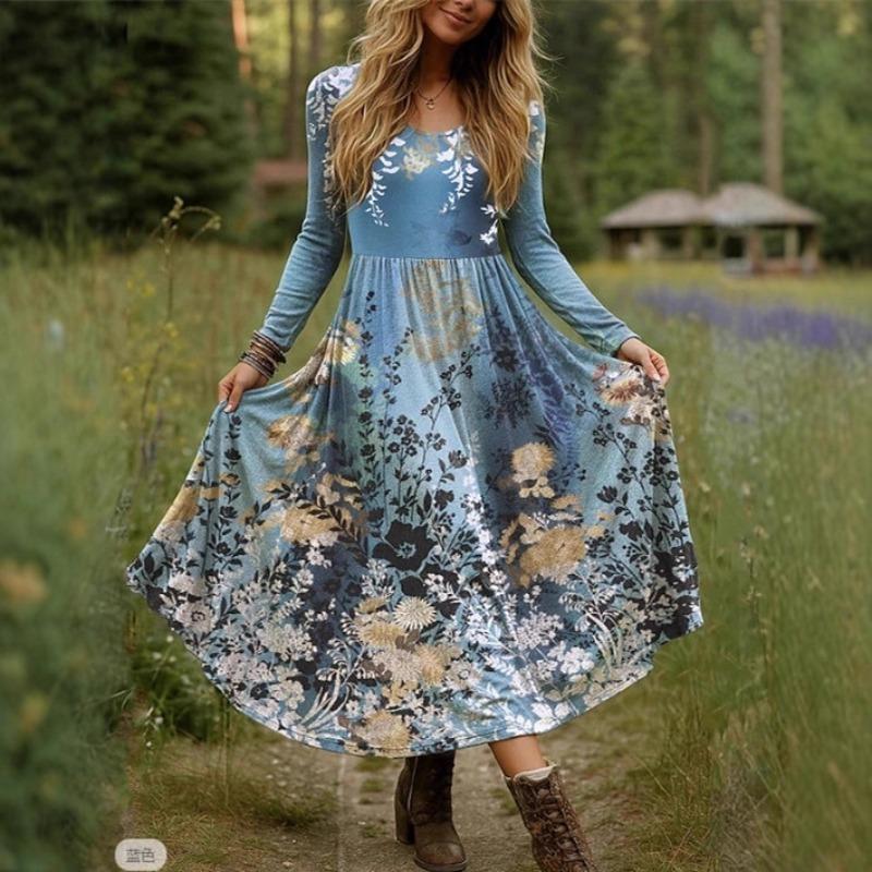 Retro Print Large Maxi Dress Women's Fashion Elegant Office Women's Long Dresses Spring Autumn Casual Long-sleeve Slim Vestidos