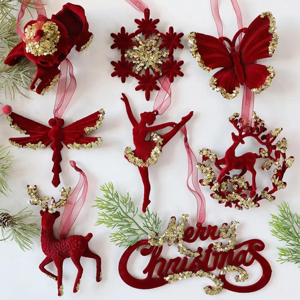 New Red Xmas Tree Ornament Bowknot Flower Wreath Christmas Tree Pendant Flocked Hanging Hanging Ornaments Party Supplies