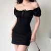 Summer Sexy Mini Dress Women Short Sleeved Lace Up Hollow Casual Backless Folds Bodycon Black Dress Party Elegant A-LINE Dresses