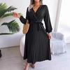 Women Cross V Neck High Waist Long Sleeve Solid Color Pleated Big Swing Maxi Dress