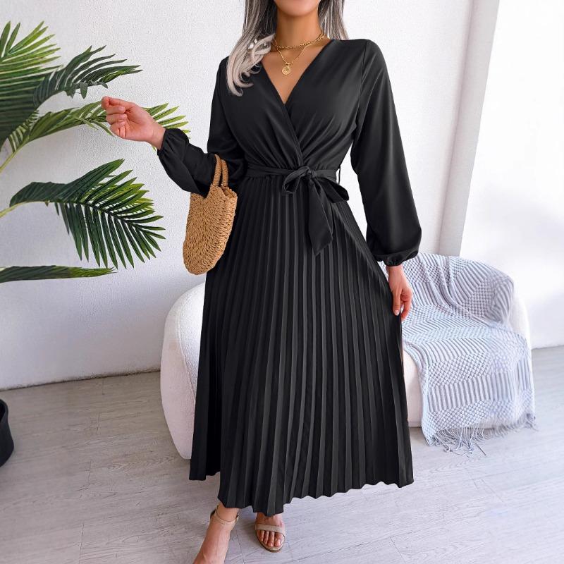 Women Cross V Neck High Waist Long Sleeve Solid Color Pleated Big Swing Maxi Dress
