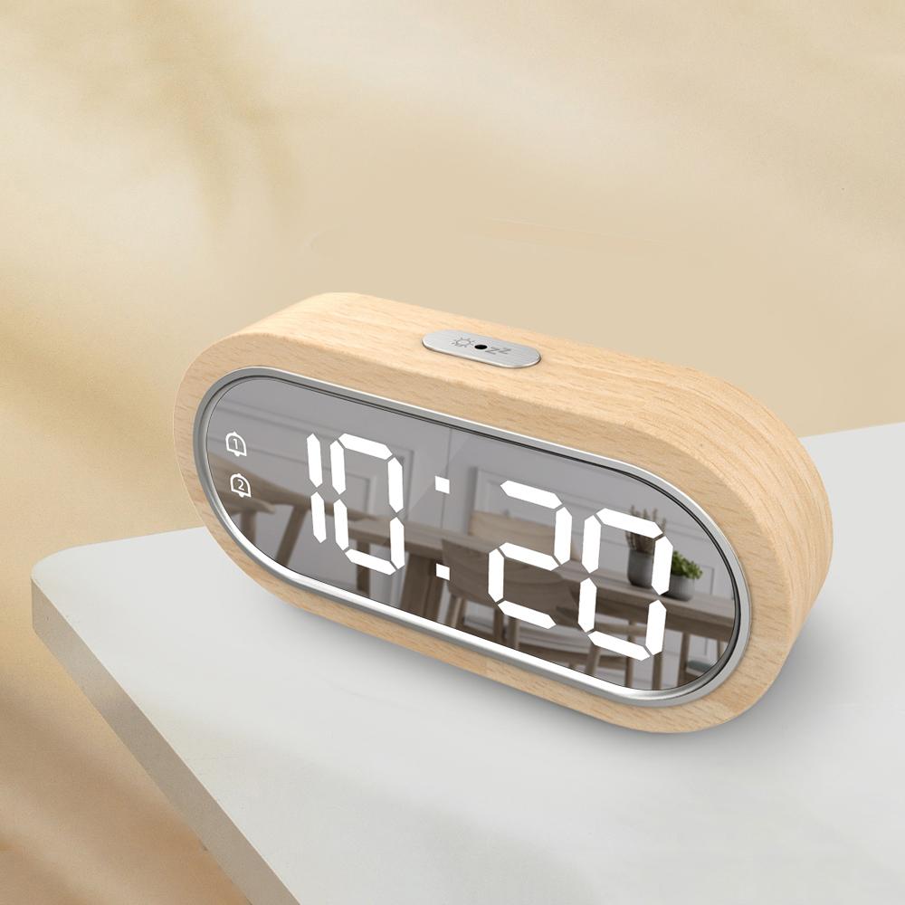 

Beech Wood Digital Clock Dual Alarm Snooze USB Alarm Clock Table Thermometer Electronic LED Wooden Desk Clock 4 Level