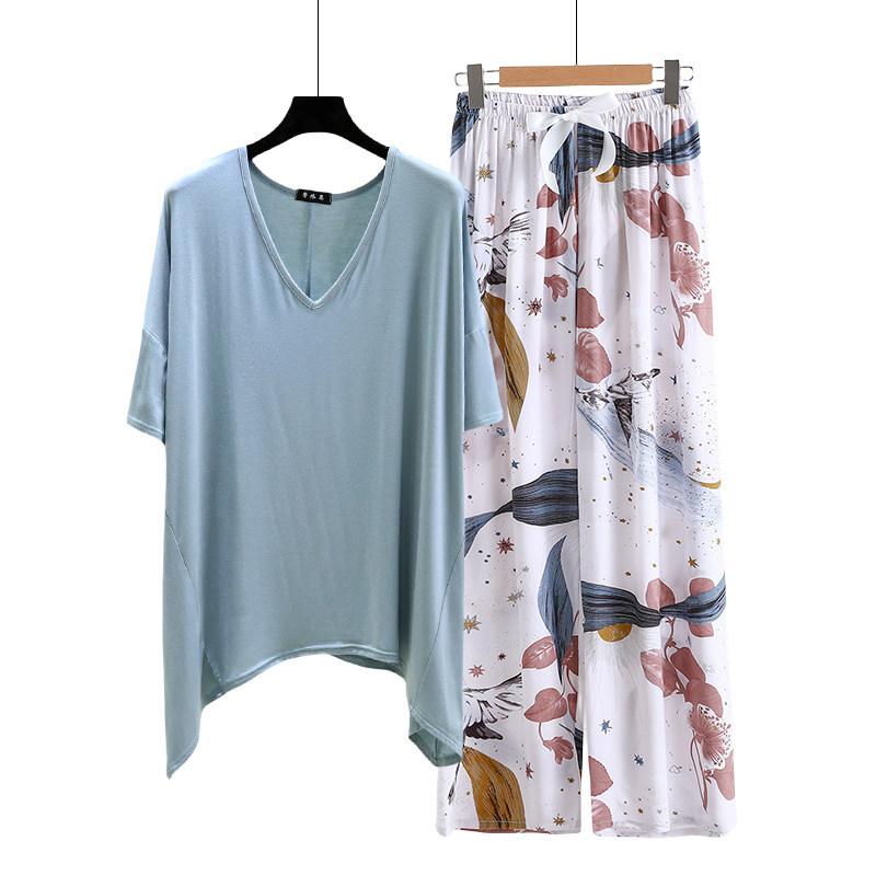 irregular Tshirt and floral wide leg pants summer women's casual pajamas sets Short sleeve homewear suit Loose lightweight Loungwear Plus size