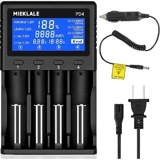 18650 Battery Charger, MIEKLALE 4-Bay Universal Battery Charger With Smart LCD Display Fast Charge For Rechargeable Batteries Li-Ion LiFePO4 26650