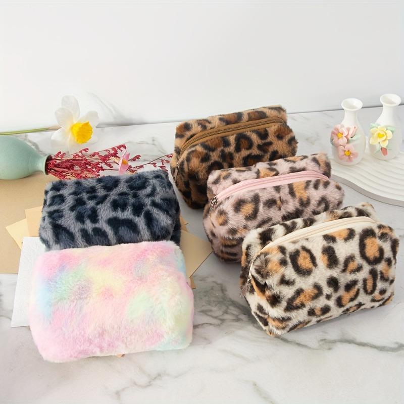 Large Leopard Print Makeup Bag, Plush Cosmetic Case with Soft Interior, Travel Toiletry Organizer for Women, College Daily Use