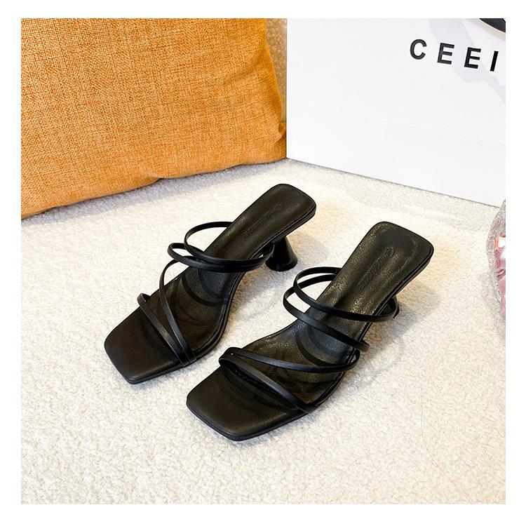 Zhike · Two Women Wearing Cool Slippers 2025 New Summer Mid-heel Thin Strap One-word Belt Versatile Fairy Style Sandals