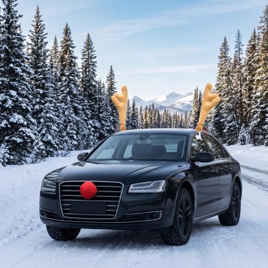 Weihnachts-Autodekoration Rentiergeweih mit roter Nase, Plüschfahrzeug für Saison-Kit Glöckchenband, Festliches Autozubehör Feiertag