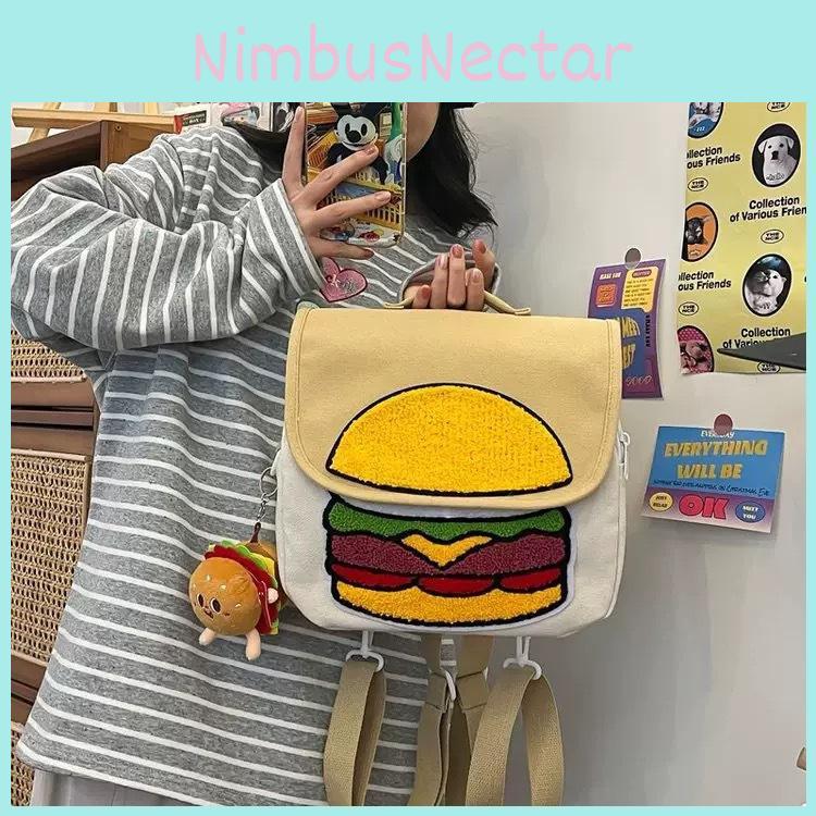 Cute Cartoon Hamburger Backpack With Flap Closure For Students And Daily Use