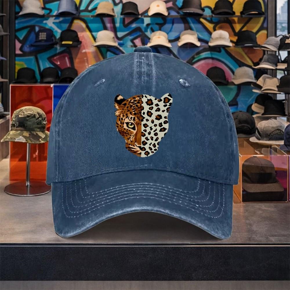 Leopard Half Face Print Baseball Cap Washed Denim Adjustable Snapback Hat for Unisex Outdoor Travel
