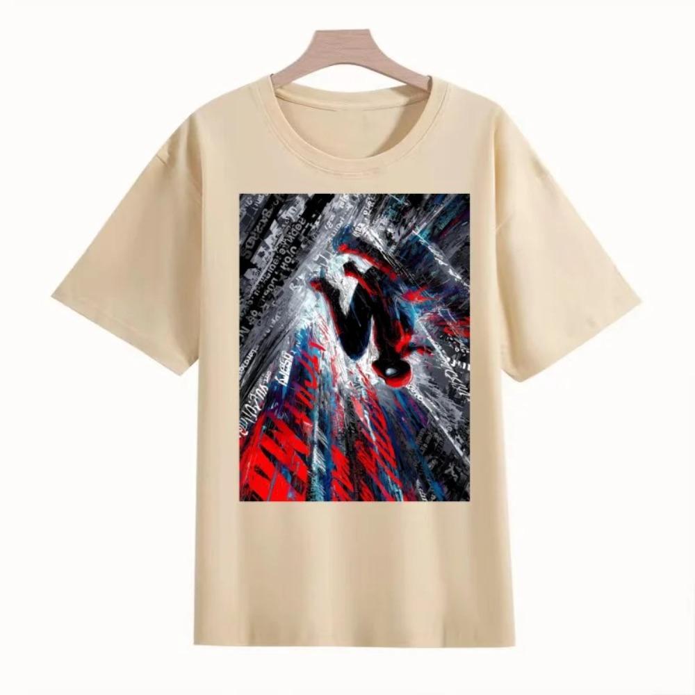 T-shirt Oversize a Maniche Corte Grigio Chiaro Lavato Vintage con Raffigurazione di Spider-Man: Across the Spider-Verse Miles Morales che cade attraverso la città Dinamico