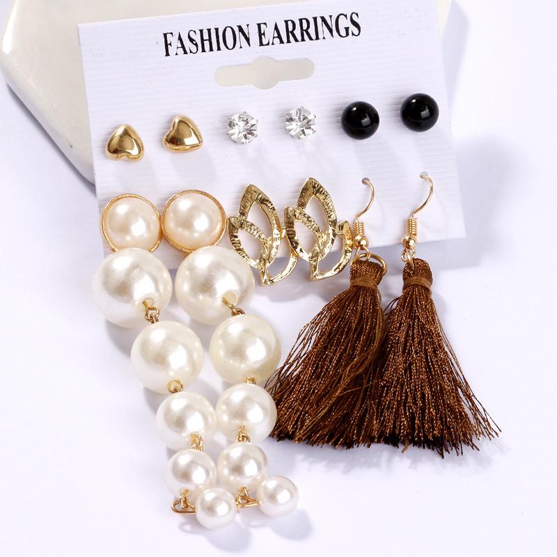 Women's Tassel and Pearl Crystal Stud Earring Set