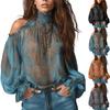 Womens High Neck Cold Shoulder Chiffon Blouse Lantern Sleeve Loose Fit Top Casual Shirt