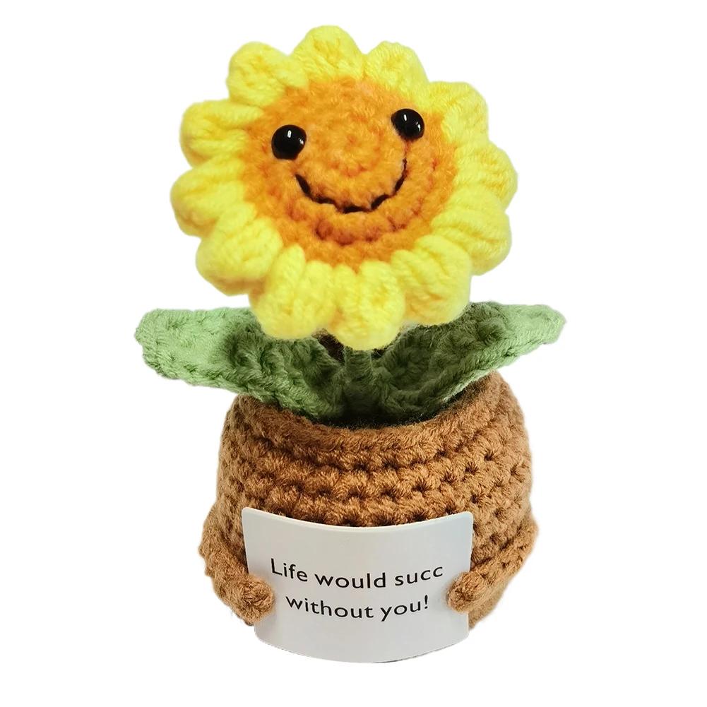 

Knitted Potted Positive Toy with Card Positive Energy Plant Toy Creative Inspirational Crochet Dolls Birthday Gifts for Friends