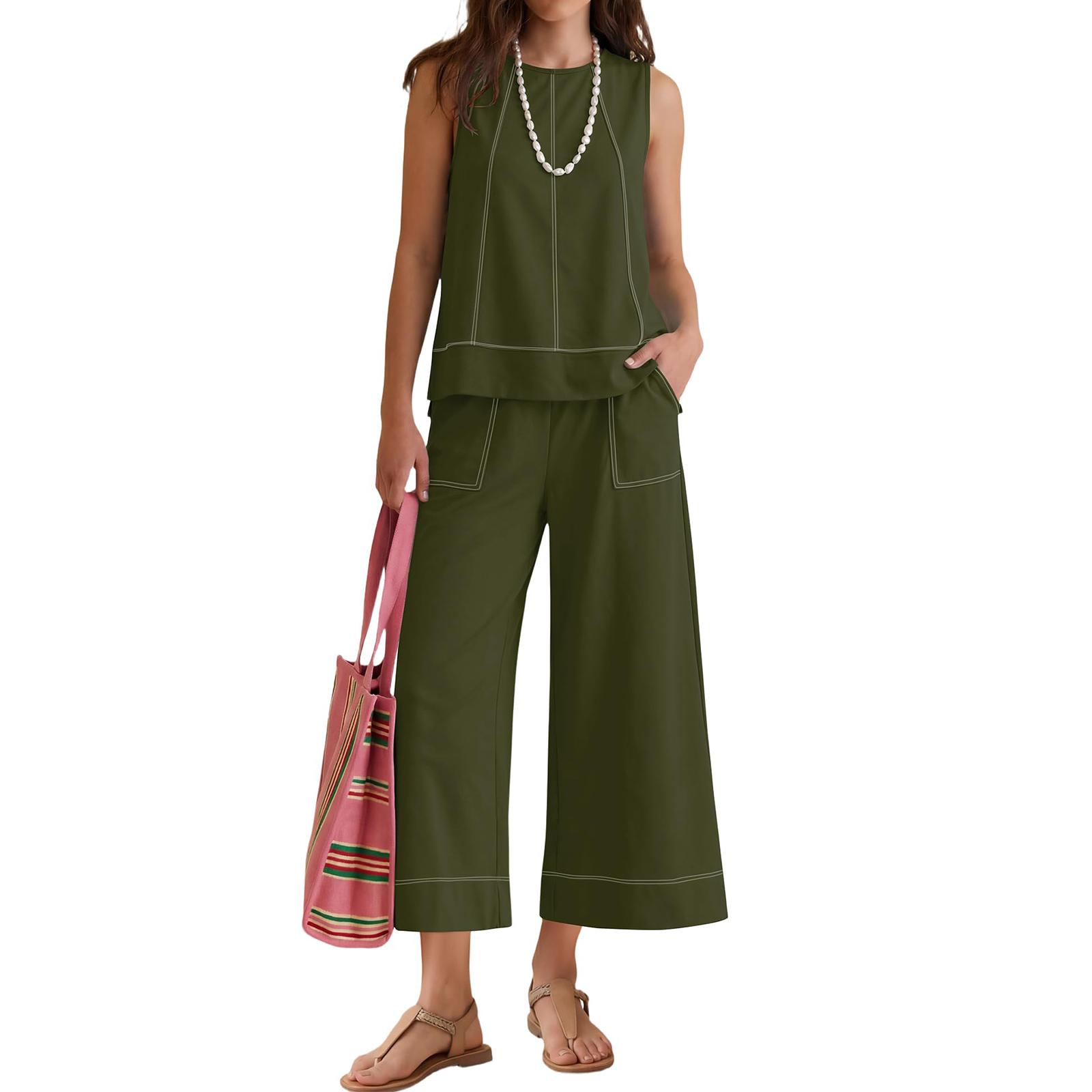 Women s Casual Loose-Fit Cotton-Linen Blend Sleeveless Top With Pockets And Long Pants Set L
