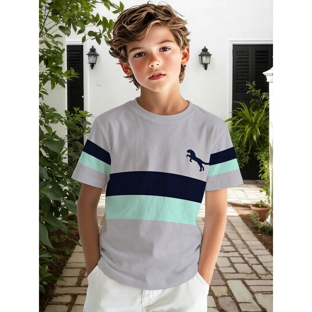 Boys outdoor casual sports round neck short-sleeved T-shirt, striped dinosaur logo pattern, 3D printed T-shirt 100