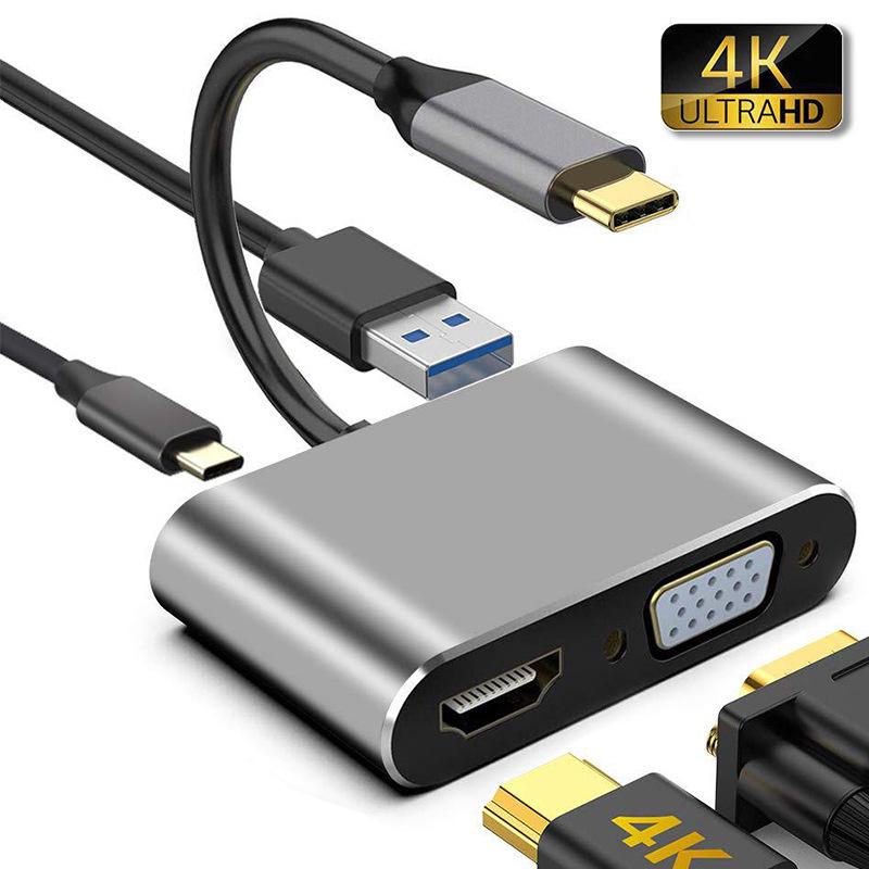 Type-C 4-in-1 Docking Station: HDMI Multi-Screen Display & 4K Mirroring Hub