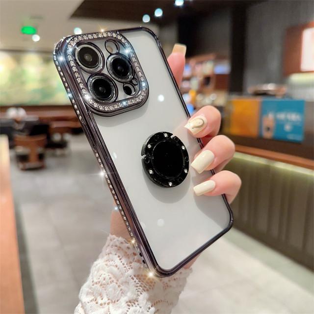 Glitter Ring Holder Clear Phone Case For Iphone 14 13 12 11 Pro Max Xs Max Xr 13pro 14 Plus Shockproof Bumper Plating Soft Cover
