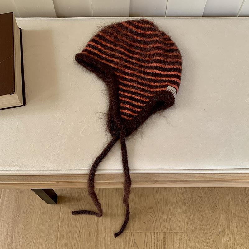 Women Winter Hat 100% Wool Knitted Black White Striped Beanie Baggy Cap Warm Windproof Outdoor Ski Balaclava Casual New