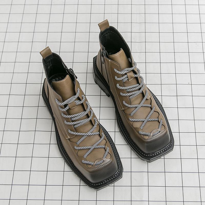 Fashion High Quality Round Toe Thick Soled Anti Slip Outdoor Boots for Autumn Men Comfortable Lace Up Side Zipper High Top Leather Shoes 38 5376₽