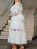 Plus Size Chic Women A Line Midi Dress Hollow Out Lace Splice Mock Neck Long Sleeve with Belt Casual Party Club Outfits