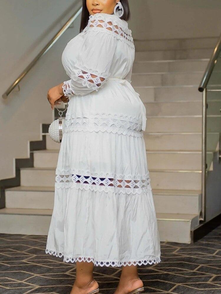 Plus Size Chic Women A Line Midi Dress Hollow Out Lace Splice Mock Neck Long Sleeve with Belt Casual Party Club Outfits
