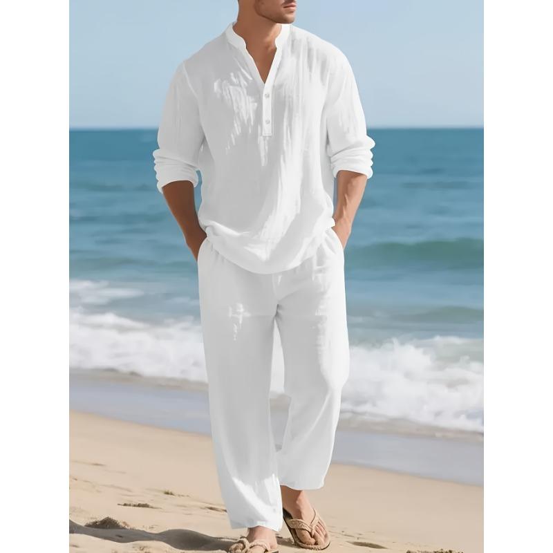 

Men s Linen Two Piece Outfit Long Sleeve Henley Shirt And Elastic Waist Pants Casual Beach Vacation Set S білий
