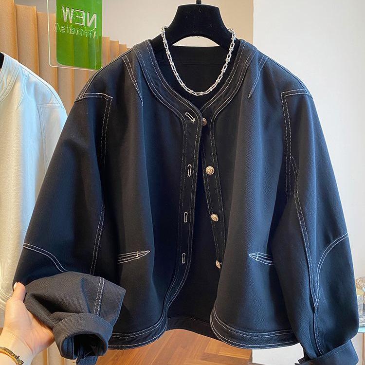 Biała Szeroka Jeansowa Kurtka Damska Sense - Luźna, Bez Kołnierza, Zakrzywiony Detal na Wiosnę i Jesień 2025