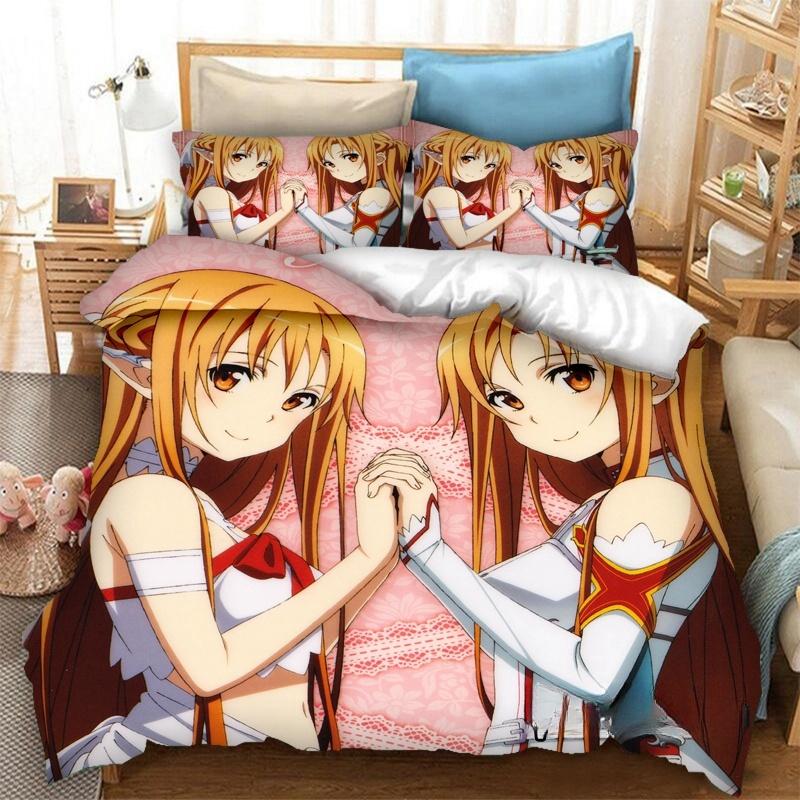 Anime SAO Yuuki Asuna Bedding Set,Duvet Cover Comforter Bed Set Quilt Cover Pillowcase,King Queen Twin Size Boys Girls Adults