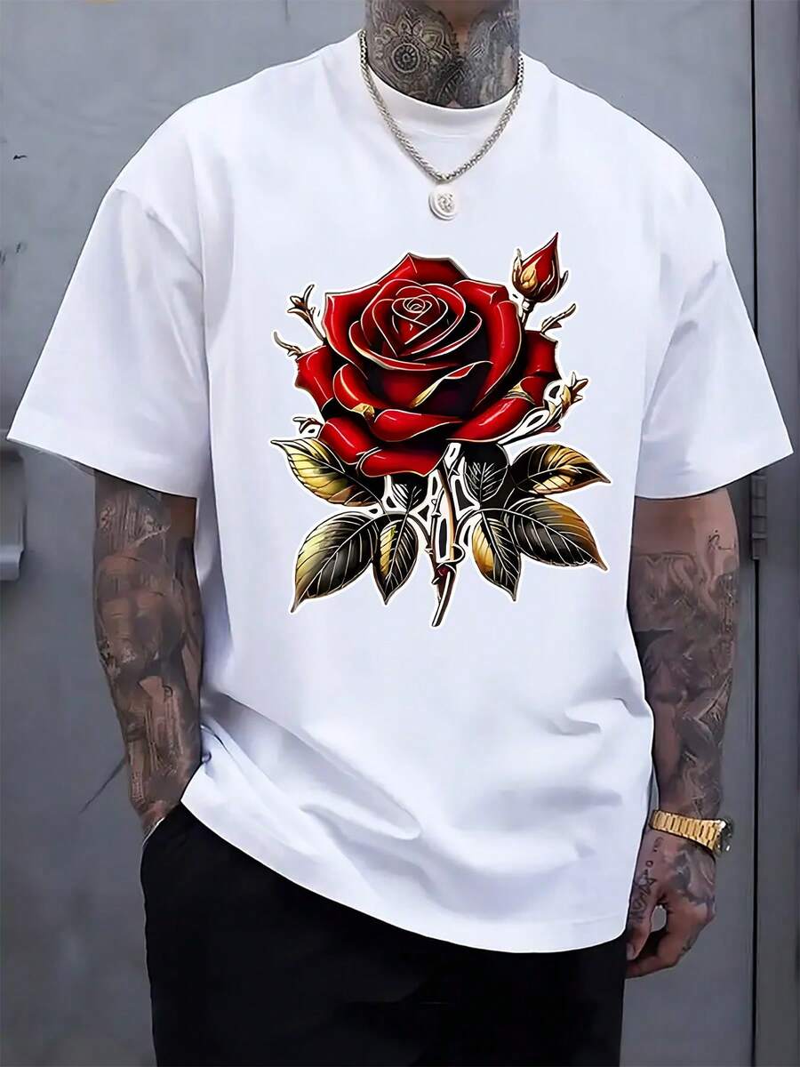 Унисекс красная футболка с принтом розы - Повседневная футболка с круглым вырезом и коротким рукавом с цветочным принтом M