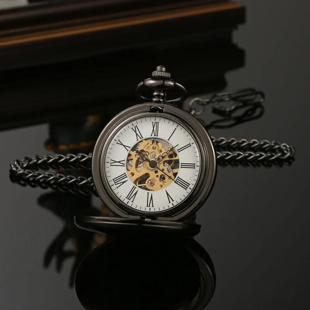 Hand Wind Mechanical Men Pocket Watch Skeleton Dial Steampunk Necklace Pendant Vintage Dress Fob Watches for Weeding Gift