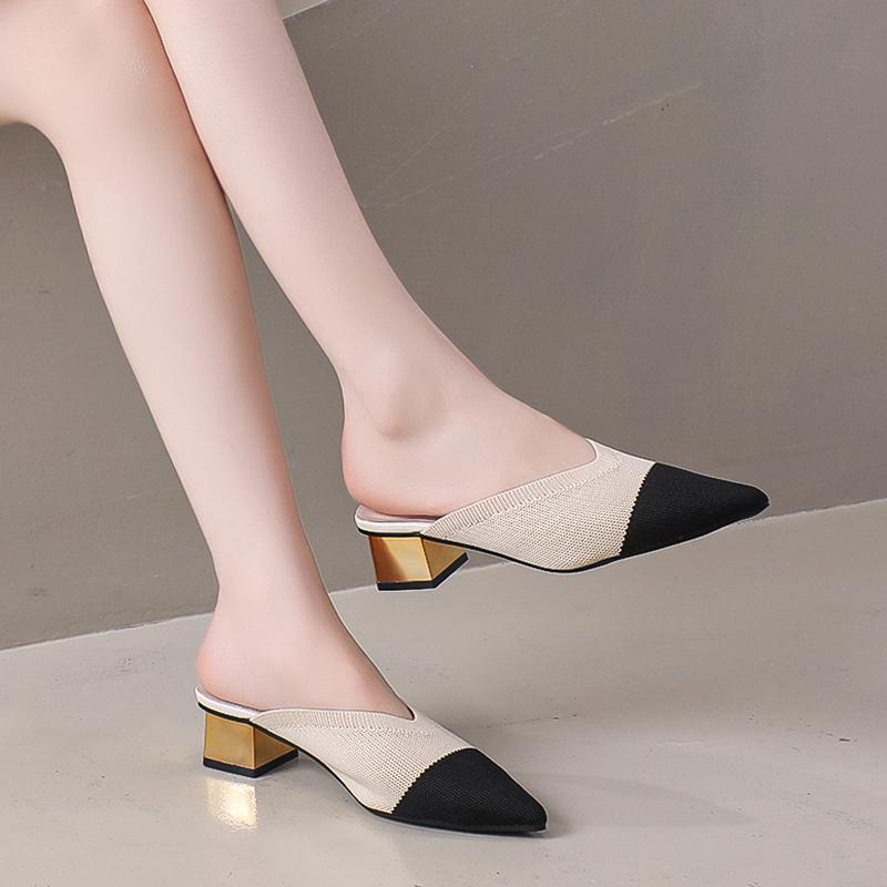 Fashion 2025Summer Women's Knitted Slider Mule New Elegant Mesh Breathable Shoe Slipper Closed Toe Slider Shoes Splice Solid Color
