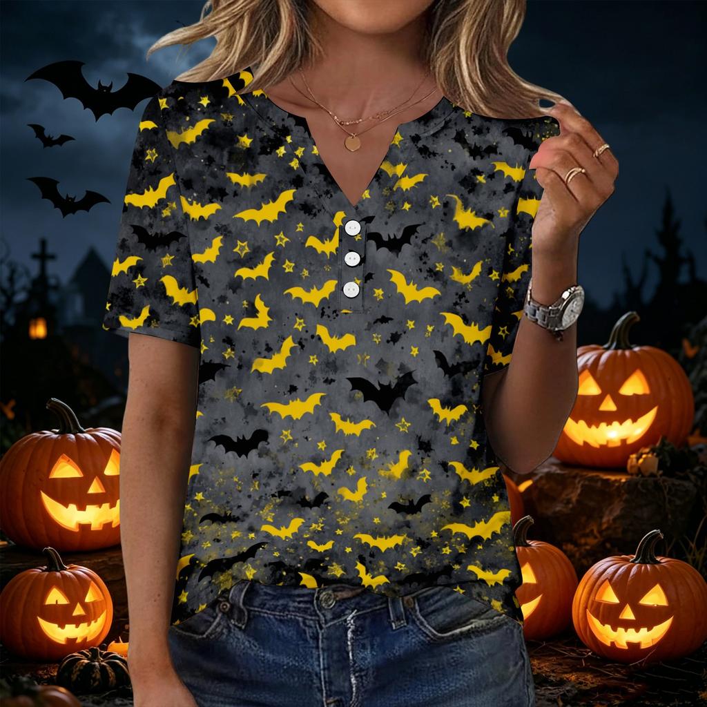Women's Casual V Neck Button Front Top Halloween Print Short Sleeve Relaxed Fit Blouse Lightweight Breathable Fabric