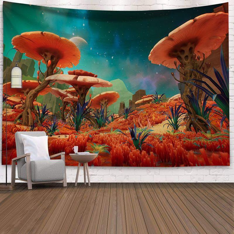 Mushroom Forest Tapestry, Peach Skin Velvet Background Fabric, Polyester Digital Printing Wall Carpet, Room Decoration Hanging Fabric