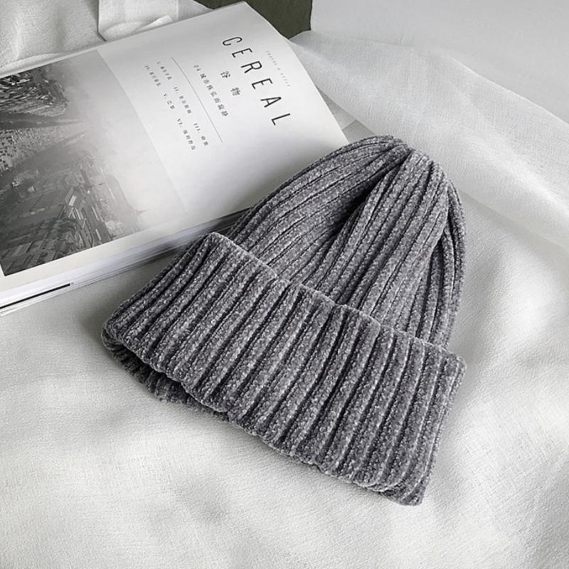 Klassische Damen Chenille Samt Wintermütze Retro Beanie Mütze Vintage Gerippt Gestrickt Fischer Hip Hop Einfarbig Sturmhaube