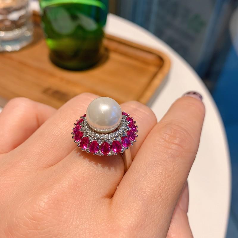 Vintage Pearl Earring Necklace Ring Set Women Micro-Set Red Corundum Inlay Elegant Minimalist Jewelry Gift